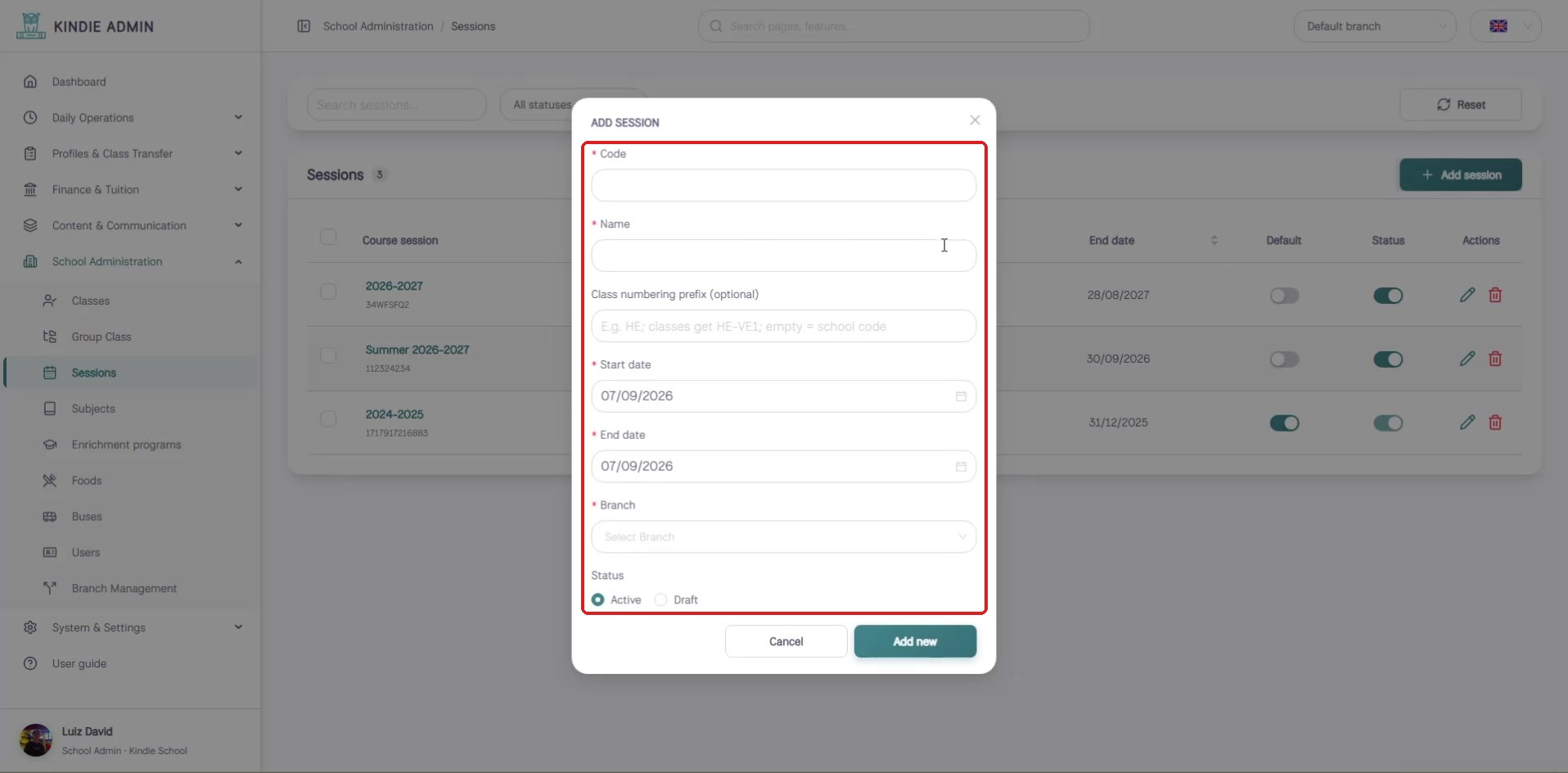 Blank Add session dialog