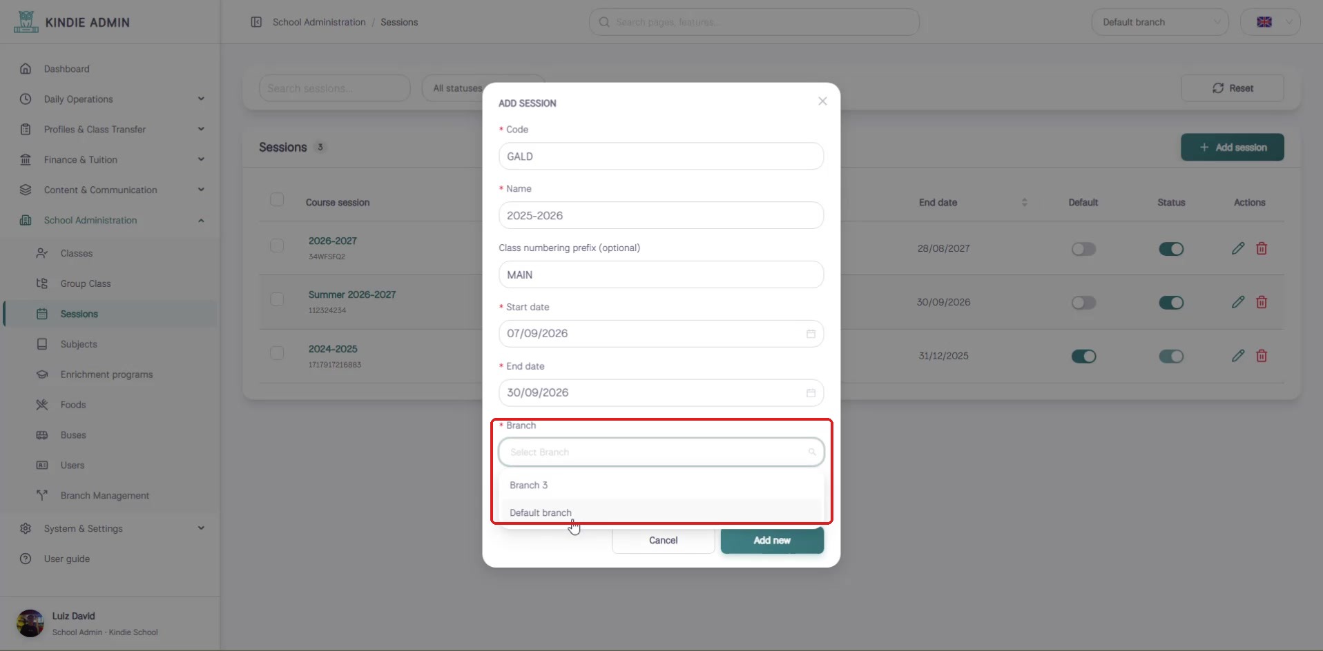 Branch dropdown