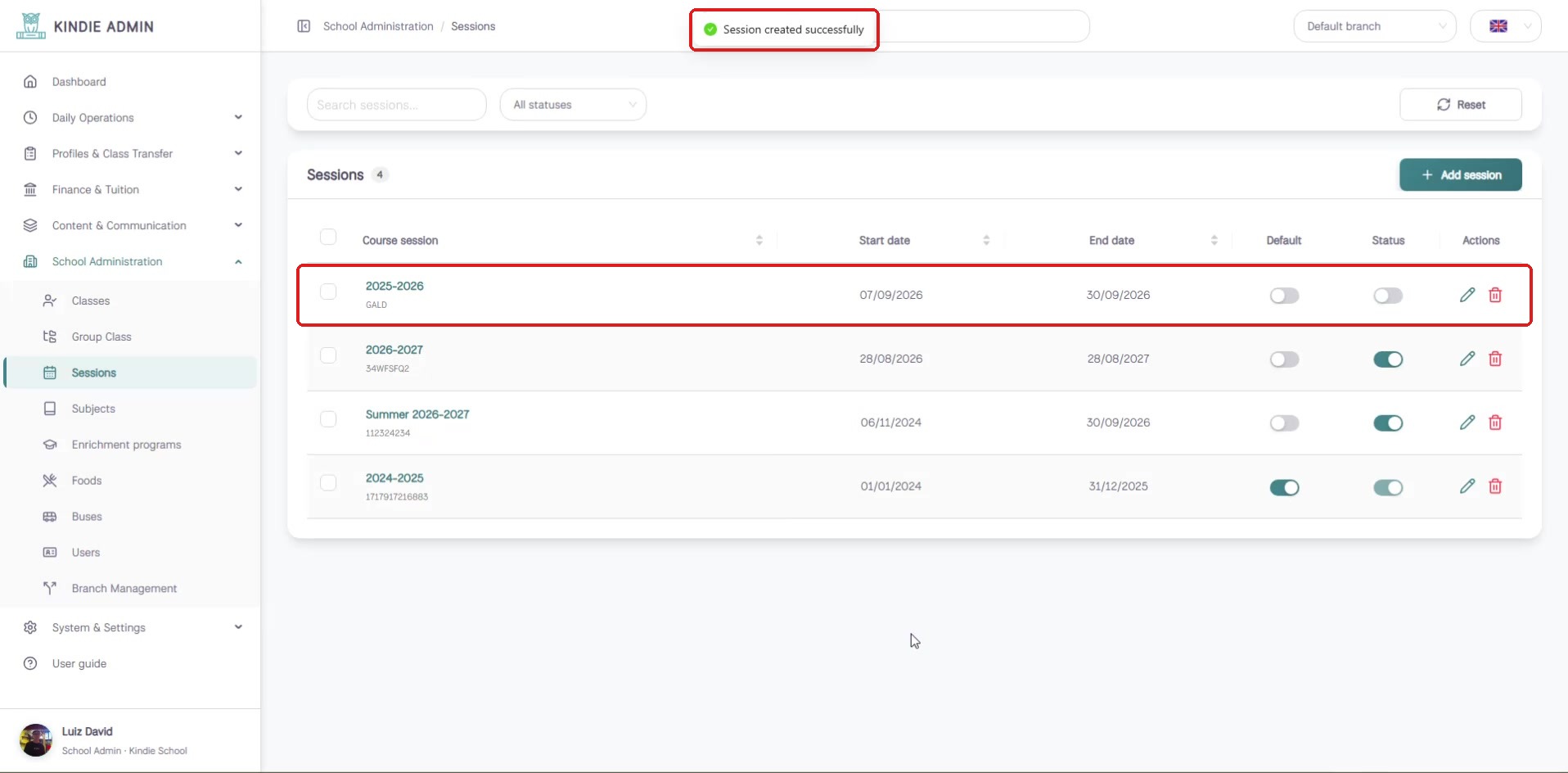 New session in the list