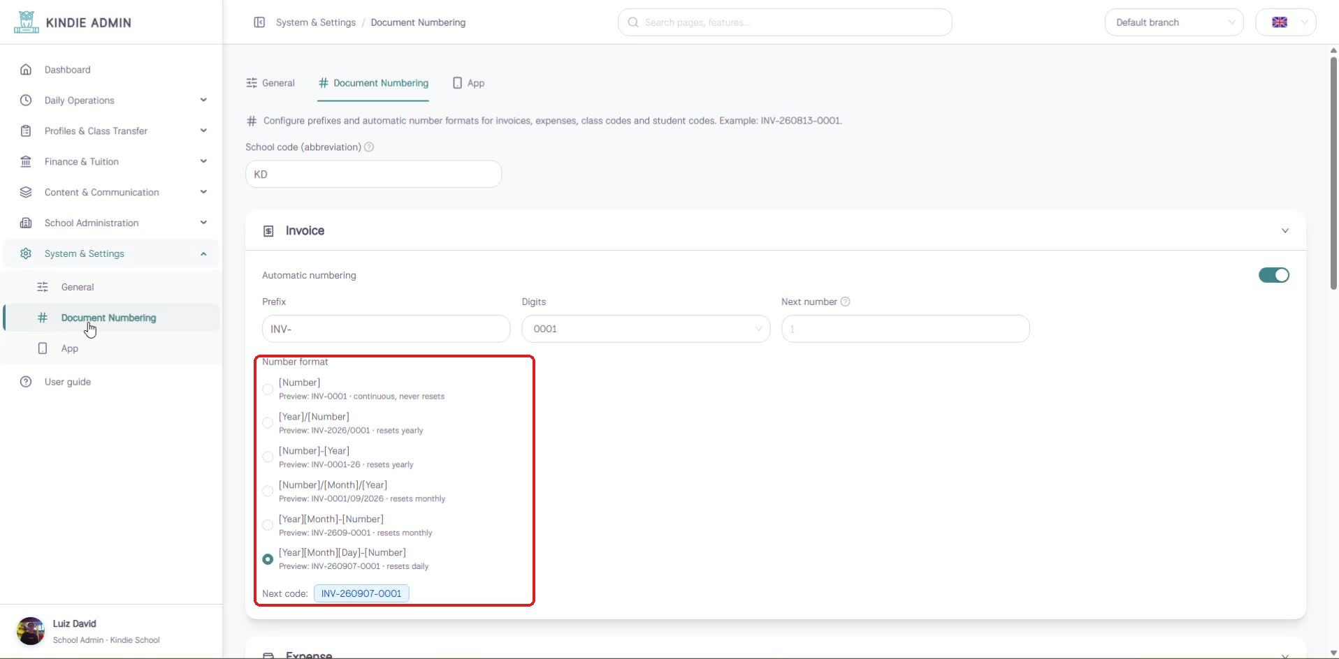 Settings — Document Numbering tab