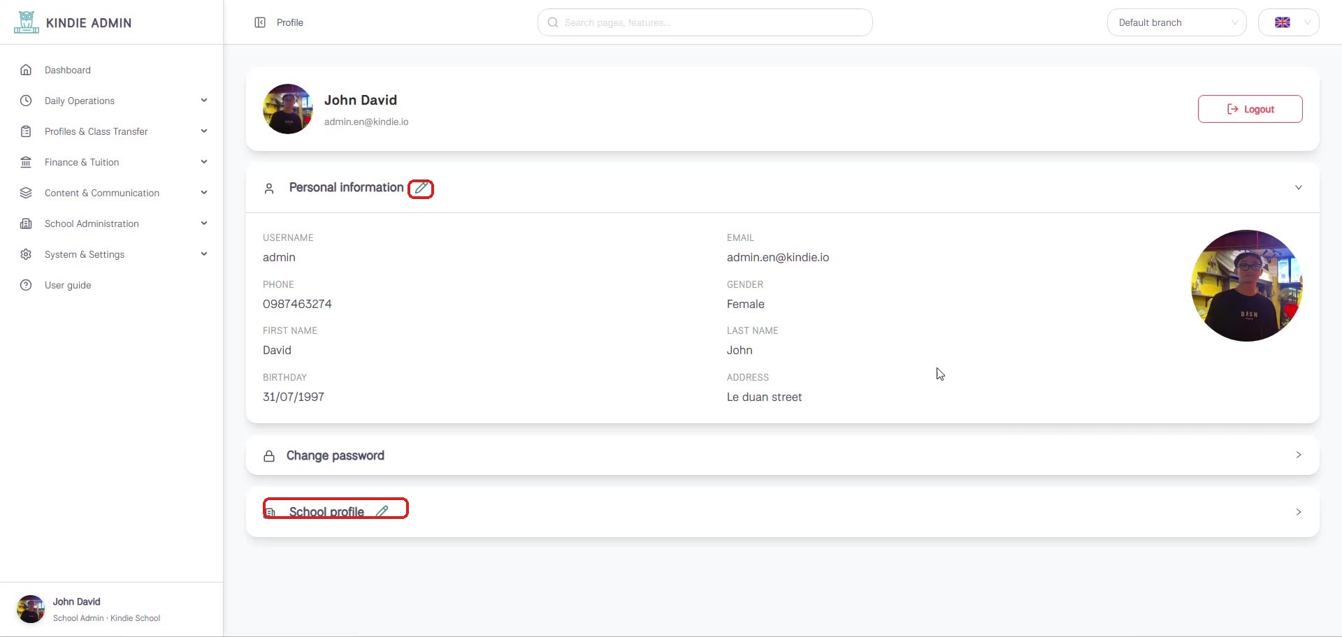 Profile page, view mode