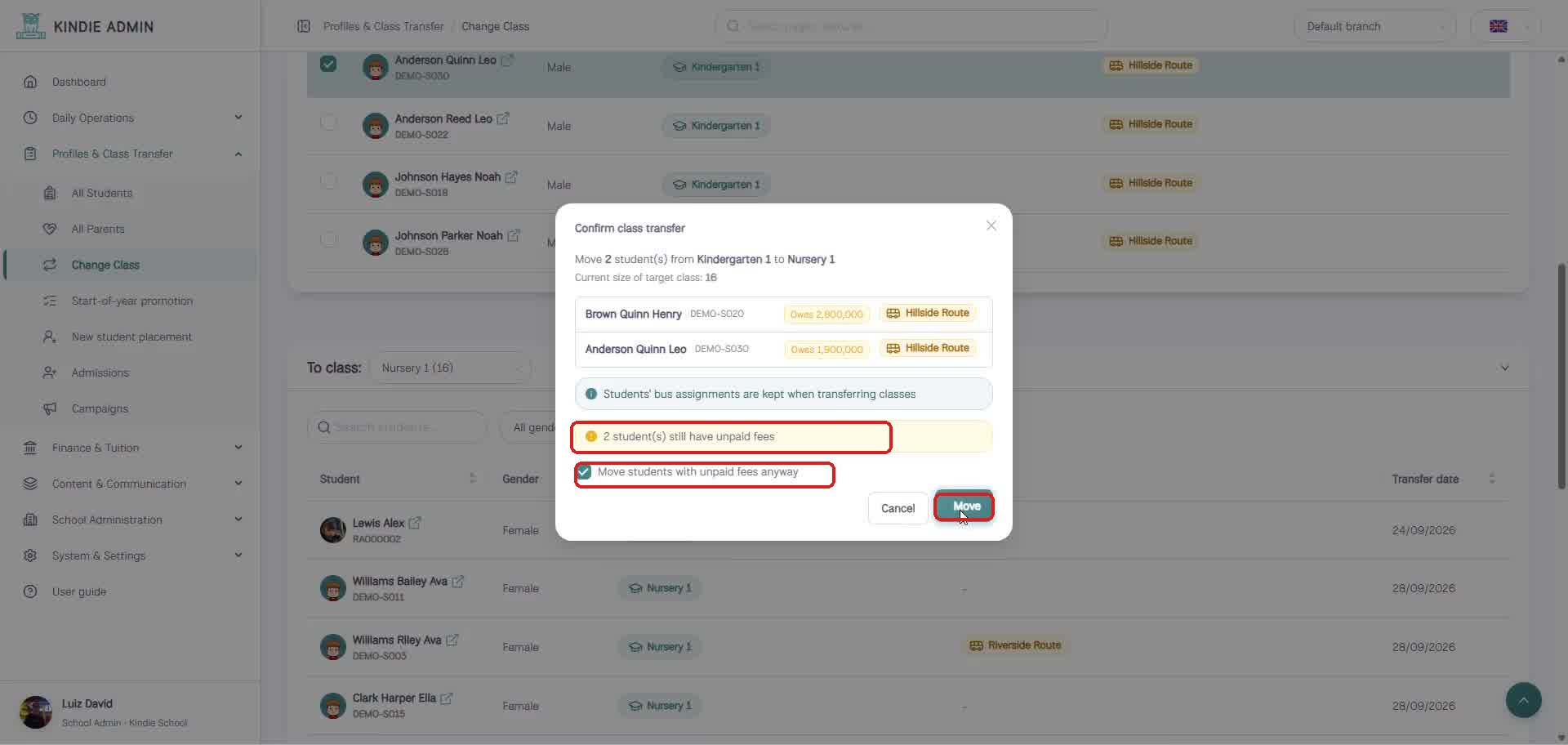 Confirm class transfer dialog
