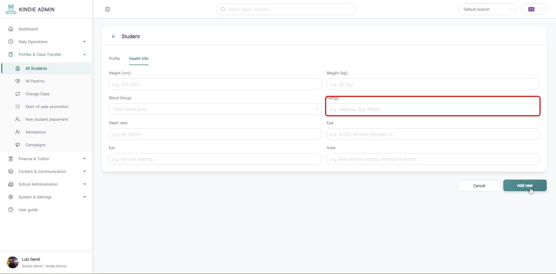 Health Info tab when adding a student