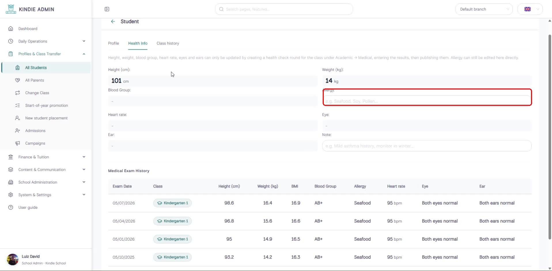 Health Info tab on an existing student