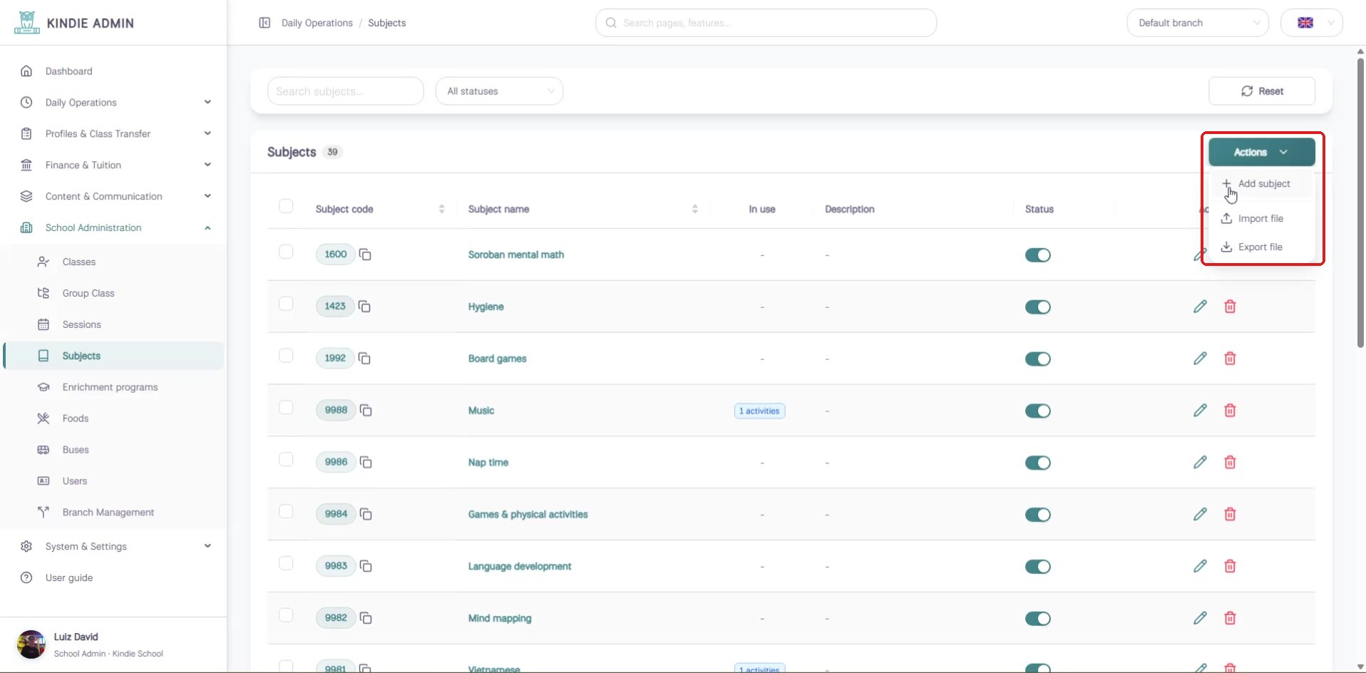 Actions menu