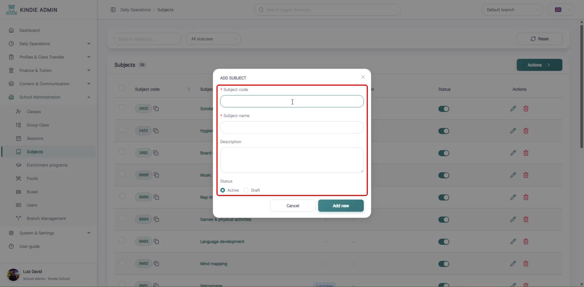 Blank Add subject dialog