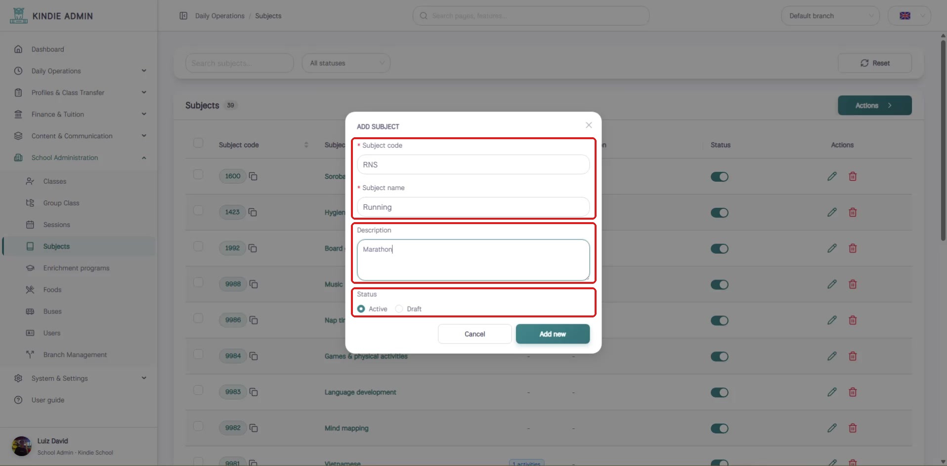 Filled Add subject dialog
