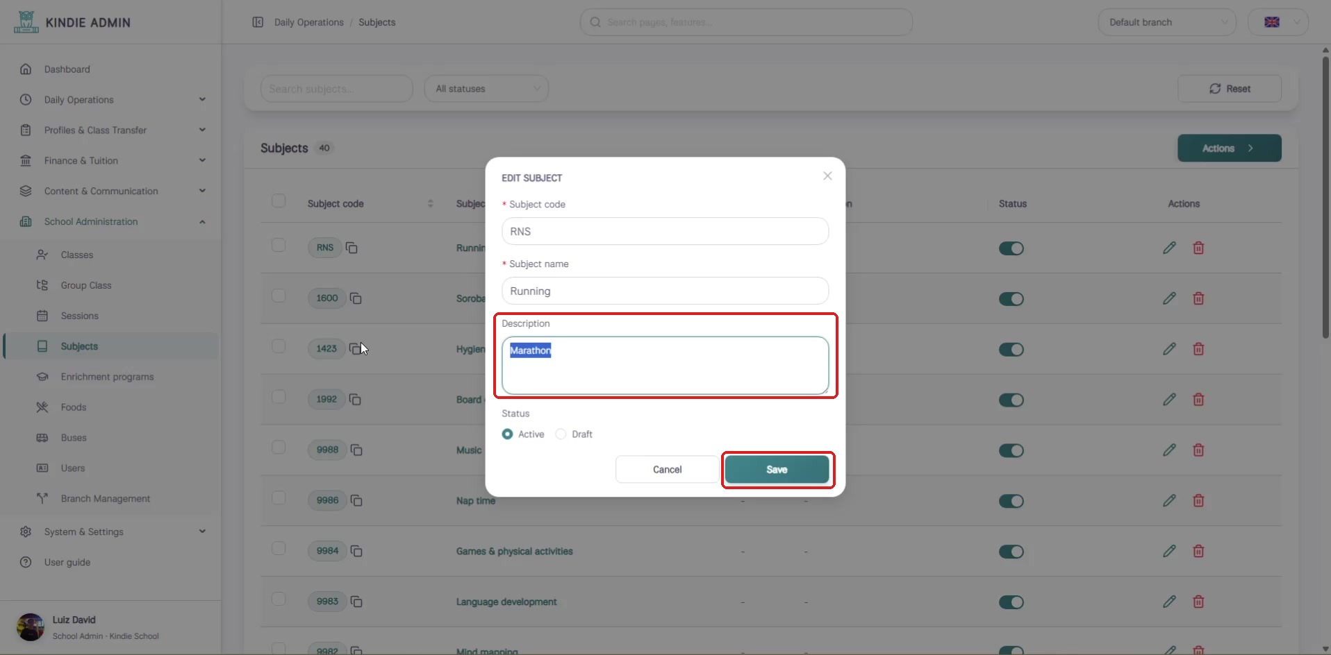 Edit subject dialog