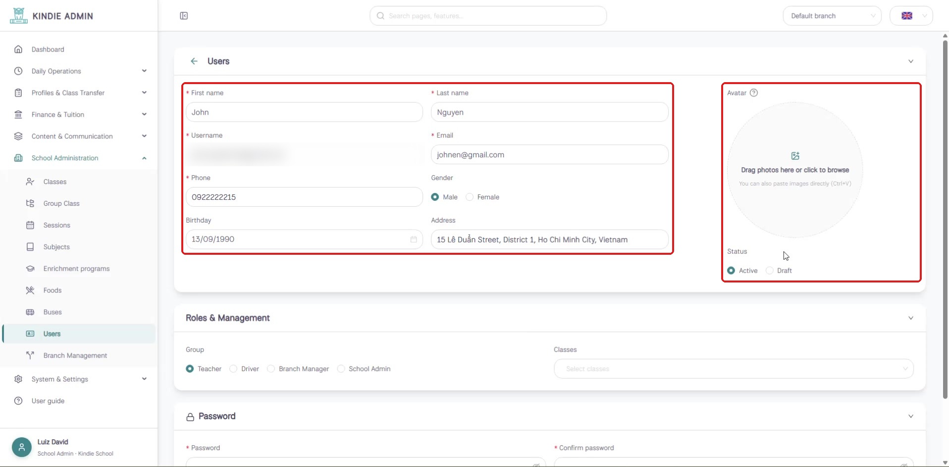 Filled Add user form