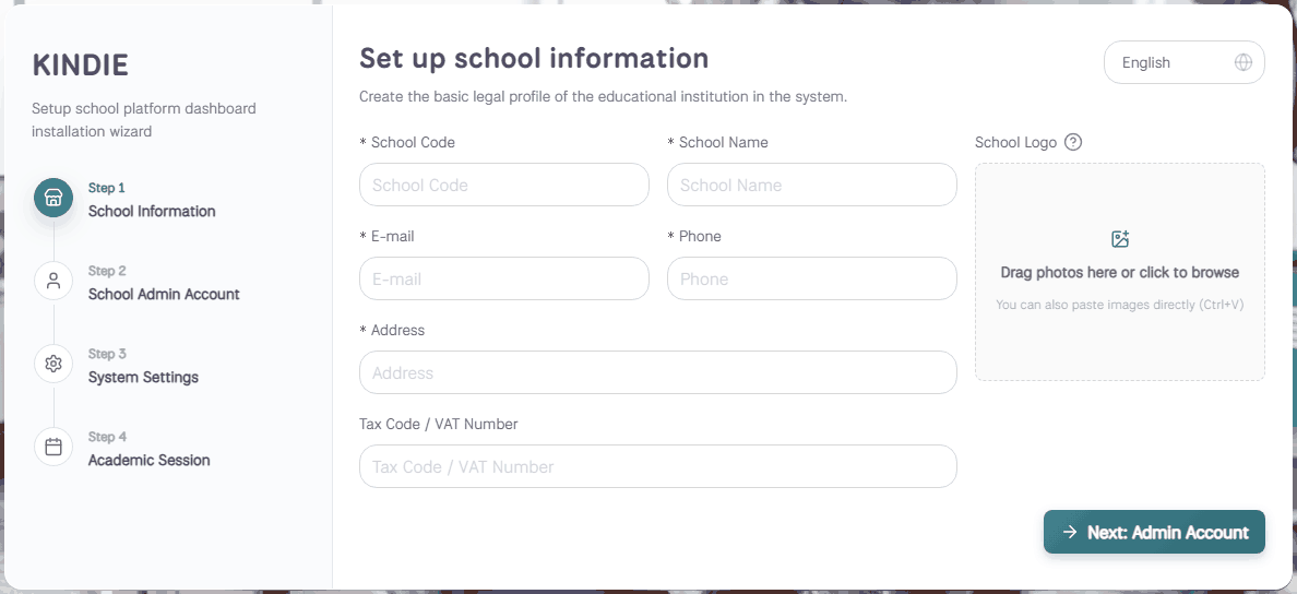 Setup wizard, step 1 School information