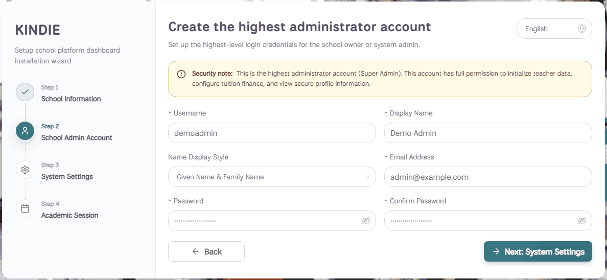 Setup wizard, step 2 School admin account