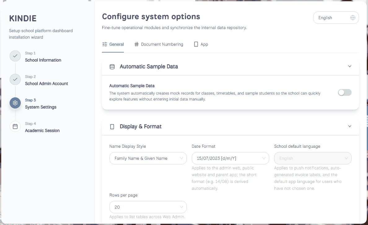 Setup wizard, step 3 System settings