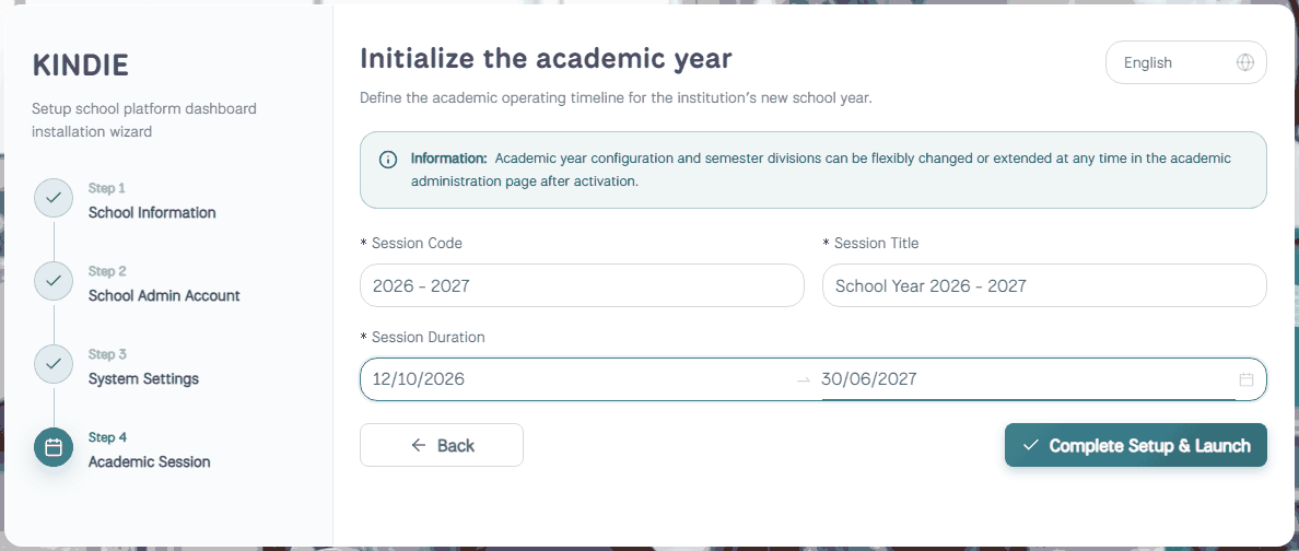 Setup wizard, step 4 Academic session