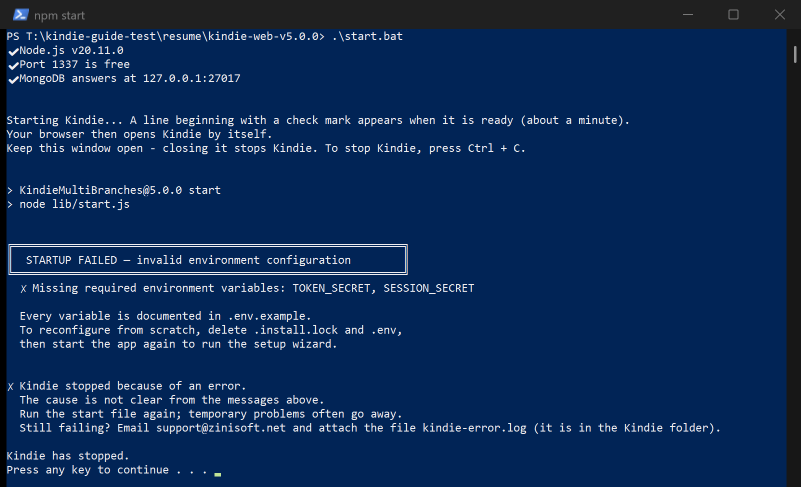 Startup failed message