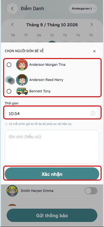 Khung Chọn người đón bé về kèm thời gian và ghi chú