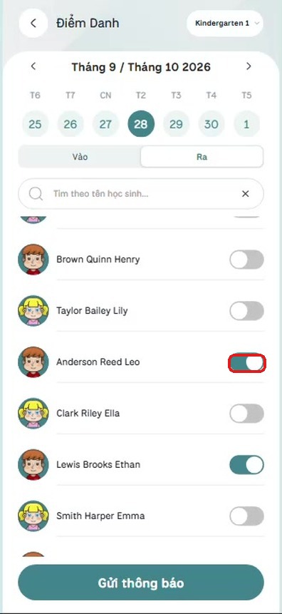 Tab Ra sau khi xác nhận — công tắc chuyển màu xanh